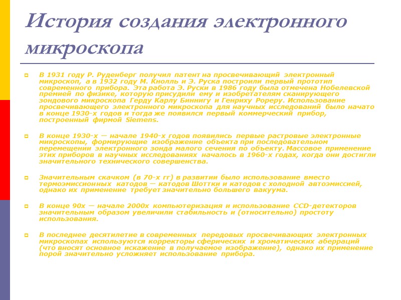 История создания электронного микроскопа В 1931 году Р. Руденберг получил патент на просвечивающий электронный